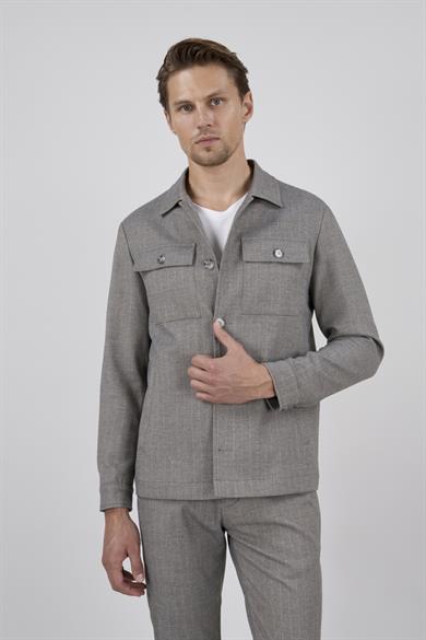 Erkek Slim Fit Bej Renk Gömlek Ceket Kapak Cepli Spor Alt Üst Takım
