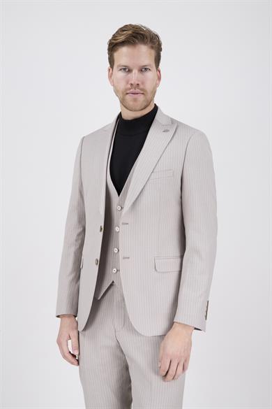 Erkek Slim Fit Sivri Yaka Bej Yelekli Takım Elbise