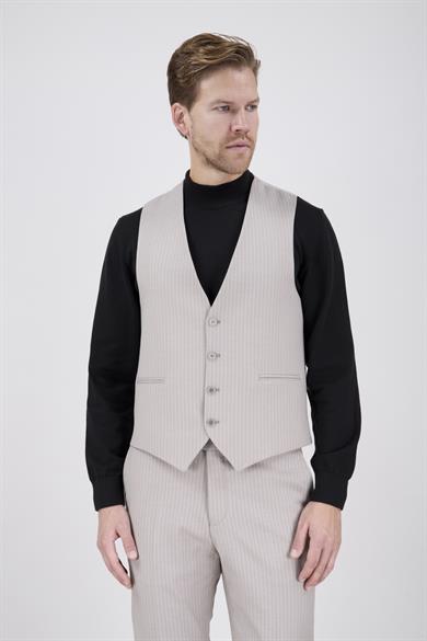 Erkek Slim Fit Sivri Yaka Bej Yelekli Takım Elbise
