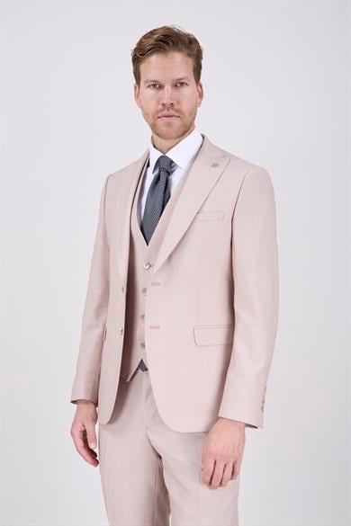 Erkek Slim Fit Sivri Yaka Bej Yelekli Takım Elbise