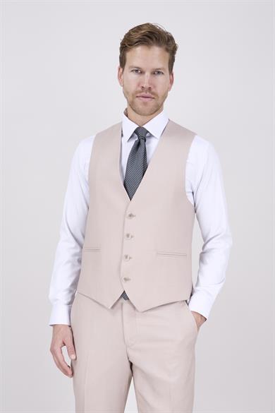 Erkek Slim Fit Sivri Yaka Bej Yelekli Takım Elbise