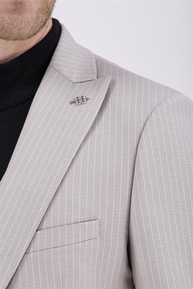 Erkek Slim Fit Sivri Yaka Bej Yelekli Takım Elbise