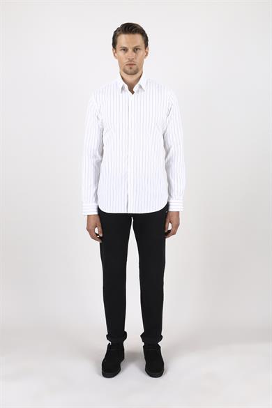 Erkek Slim Fit Çizgili Beyaz Gömlek