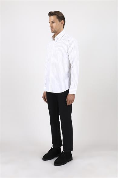 Erkek Slim Fit Çizgili Beyaz Gömlek