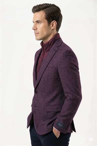 Erkek Slim Fit Mono Yaka Çıkarılabilir Kapitone Astarlı Bordo Ceket