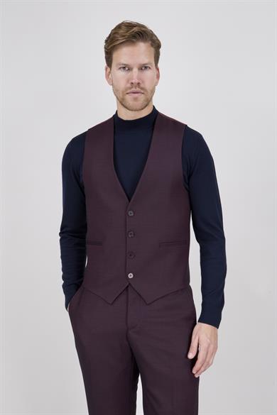 Erkek Slim Fit Sivri Yaka Bordo Yelekli Takım Elbise