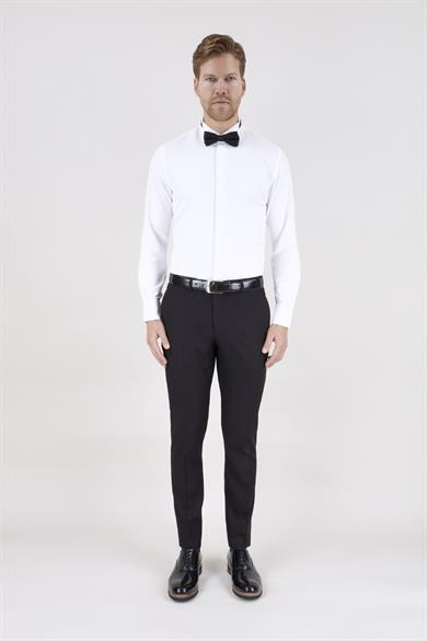 Erkek Slim Fit Ata Yaka Duble Manşet Gizli Pat Armürlü Beyaz Gömlek