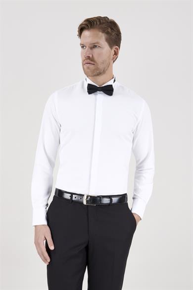 Erkek Slim Fit Ata Yaka Duble Manşet Gizli Pat Armürlü Beyaz Gömlek