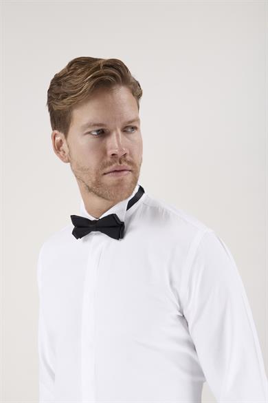 Erkek Slim Fit Ata Yaka Duble Manşet Gizli Pat Armürlü Beyaz Gömlek