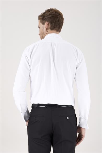 Erkek Slim Fit Ata Yaka Duble Manşet Gizli Pat Armürlü Beyaz Gömlek