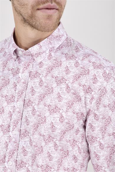 Erkek Slim Fit Beyaz Bordo Desenli Gömlek