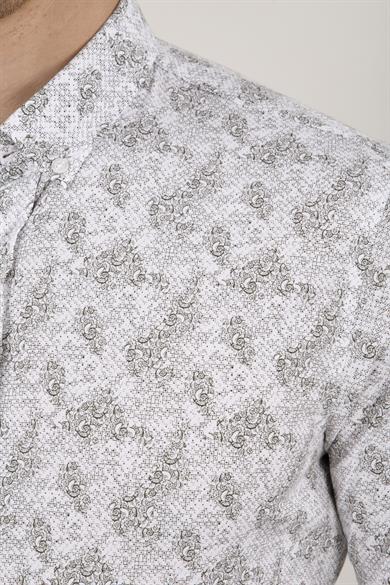 Erkek Slim Fit Beyaz Desenli Gri Gömlek