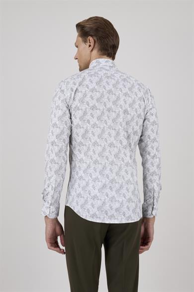 Erkek Slim Fit Beyaz Desenli Gri Gömlek