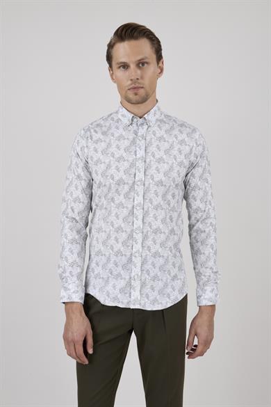 Erkek Slim Fit Beyaz Desenli Gri Gömlek