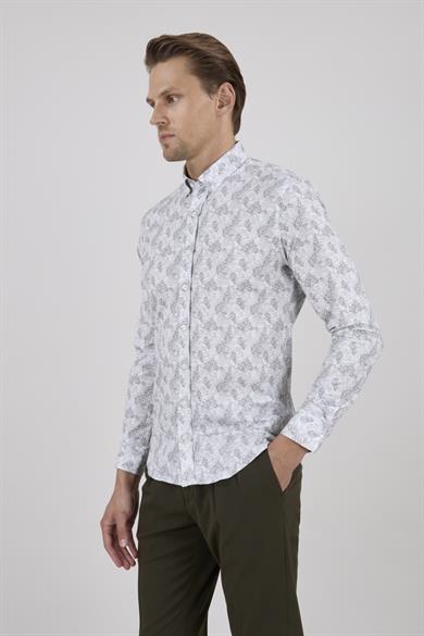 Erkek Slim Fit Beyaz Desenli Gri Gömlek