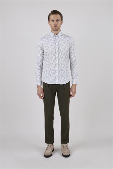 Erkek Slim Fit Beyaz Desenli Gri Gömlek