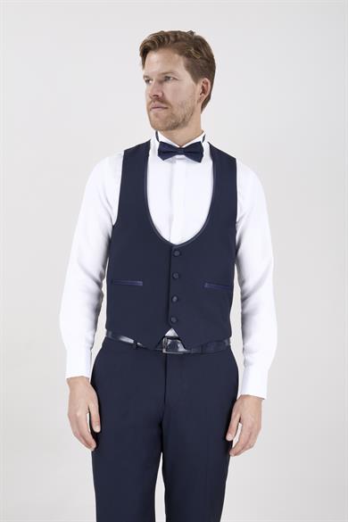 Erkek Slim Fit Damatlık Smokin Şal Yaka Lacivert Yelekli Takım Elbise