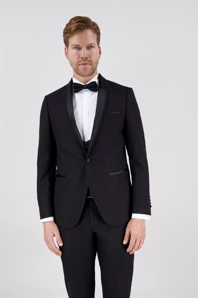 Erkek Slim Fit Damatlık Smokin Şal Yaka Siyah Yelekli Takım Elbise