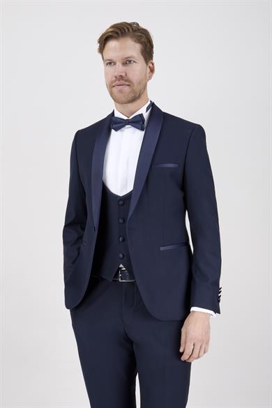 Erkek Slim Fit Damatlık Smokin Şal Yaka Lacivert Yelekli Takım Elbise