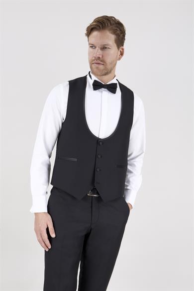 Erkek Slim Fit Damatlık Smokin Şal Yaka Siyah Yelekli Takım Elbise
