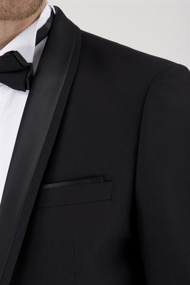 Erkek Slim Fit Damatlık Smokin Şal Yaka Siyah Yelekli Takım Elbise