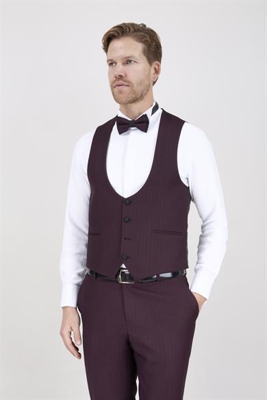 Erkek Slim Fit Damatlık Smokin Şal Yaka Bordo Yelekli Takım Elbise