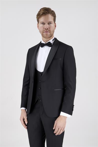 Erkek Slim Fit Damatlık Smokin Şal Yaka Siyah Yelekli Takım Elbise