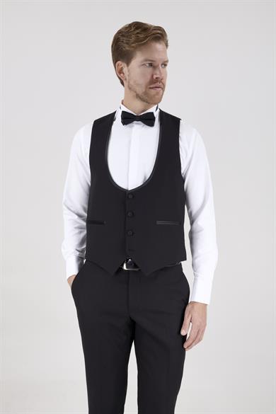 Erkek Slim Fit Damatlık Smokin Şal Yaka Siyah Yelekli Takım Elbise