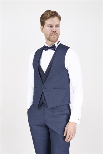 Erkek Slim Fit Damatlık Smokin Saten Sivri Yaka Lacivert Yelekli Takım Elbise 