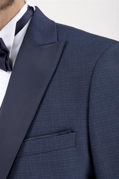 Erkek Slim Fit Damatlık Smokin Saten Sivri Yaka Lacivert Yelekli Takım Elbise 