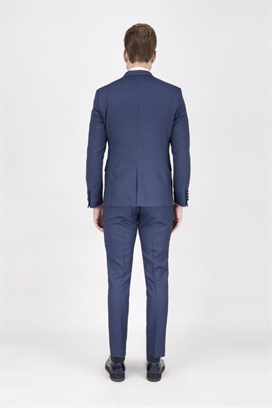 Erkek Slim Fit Damatlık Smokin Saten Sivri Yaka Lacivert Yelekli Takım Elbise 