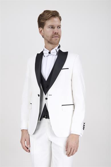 Erkek Slim Fit Damatlık Smokin Sivri Yaka Krem Rengi Yelekli Takım Elbise