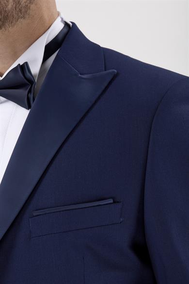Erkek Slim Fit Damatlık Smokin Sivri Yaka Açık Lacivert Yelekli Takım Elbise
