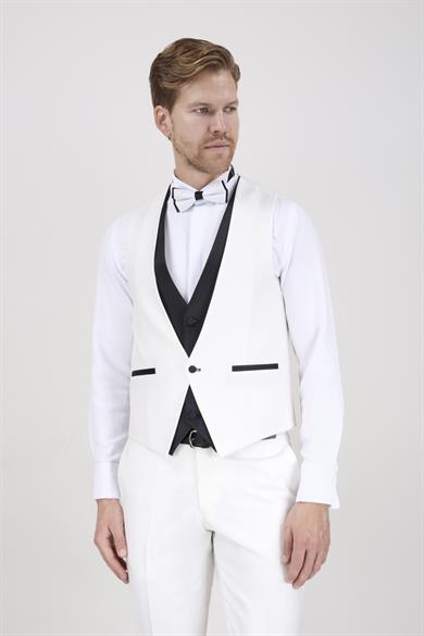 Erkek Slim Fit Damatlık Smokin Sivri Yaka Krem Rengi Yelekli Takım Elbise