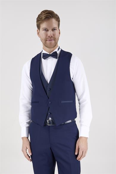 Erkek Slim Fit Damatlık Smokin Sivri Yaka Açık Lacivert Yelekli Takım Elbise