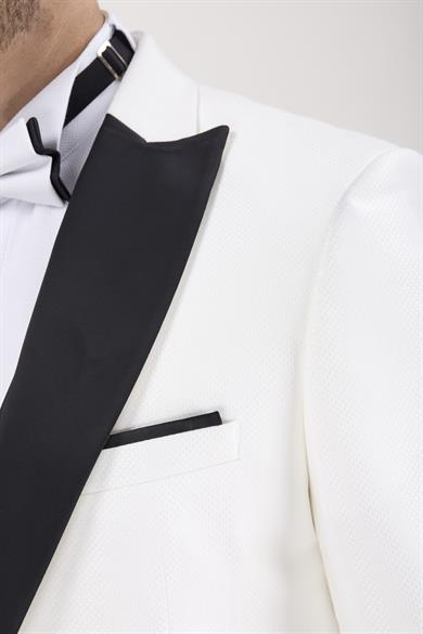 Erkek Slim Fit Damatlık Smokin Sivri Yaka Krem Rengi Yelekli Takım Elbise