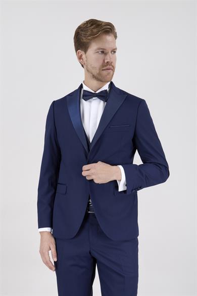 Erkek Slim Fit Damatlık Smokin Sivri Yaka Açık Lacivert Yelekli Takım Elbise