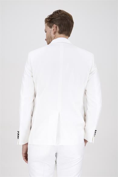 Erkek Slim Fit Damatlık Smokin Sivri Yaka Krem Rengi Yelekli Takım Elbise