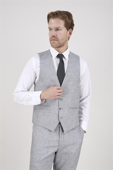 Erkek Slim Fit Mono Yaka Ekose Açık Gri 8 Drop Kombin Yelekli Takım Elbise