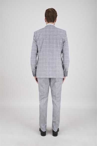 Erkek Slim Fit Mono Yaka Ekose Açık Gri 8 Drop Kombin Yelekli Takım Elbise