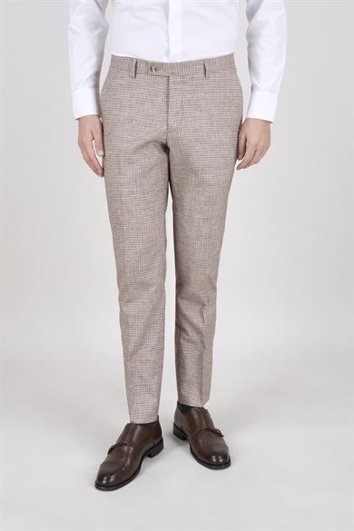 Erkek Slim Fit Mono Yaka Ekose Açık Kahverengi 8 Drop Kombin Yelekli Takım Elbise