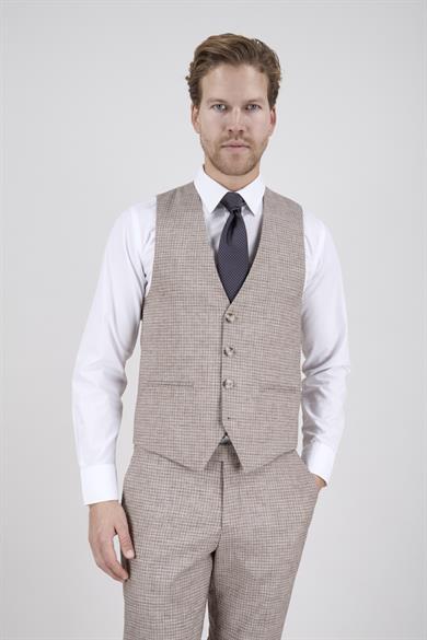 Erkek Slim Fit Mono Yaka Ekose Açık Kahverengi 8 Drop Kombin Yelekli Takım Elbise