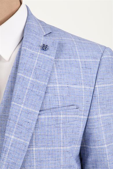 Erkek Slim Fit Mono Yaka Ekose Açık Mavi 8 Drop Kombin Yelekli Takım Elbise