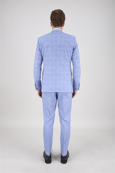 Erkek Slim Fit Mono Yaka Ekose Açık Mavi 8 Drop Kombin Yelekli Takım Elbise