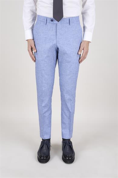 Erkek Slim Fit Mono Yaka Ekose Açık Mavi 8 Drop Kombin Yelekli Takım Elbise