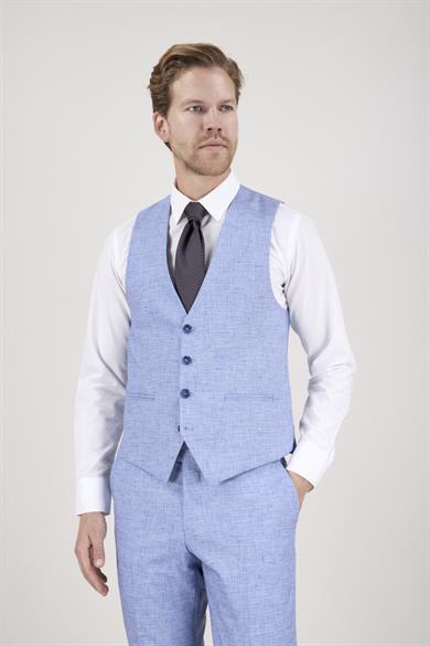 Erkek Slim Fit Mono Yaka Ekose Açık Mavi 8 Drop Kombin Yelekli Takım Elbise