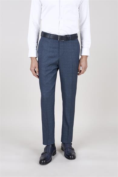 Erkek Slim Fit Mono Yaka Petrol Ekose Kombin Yelekli Takım Elbise