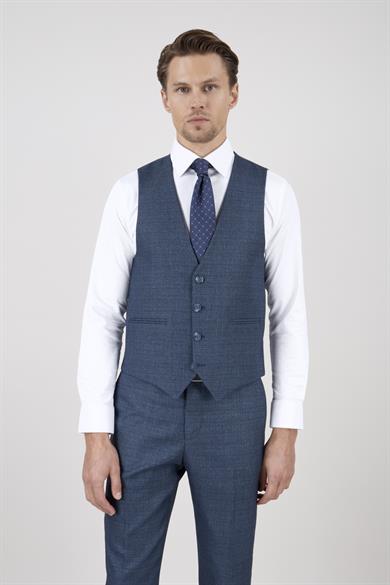 Erkek Slim Fit Mono Yaka Petrol Ekose Kombin Yelekli Takım Elbise