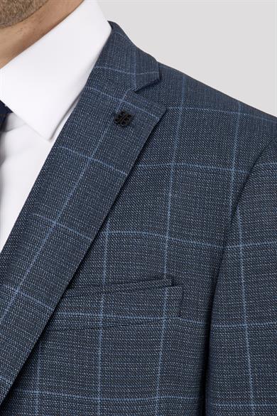 Erkek Slim Fit Mono Yaka Petrol Ekose Kombin Yelekli Takım Elbise