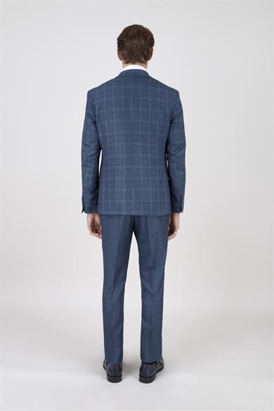 Erkek Slim Fit Mono Yaka Petrol Ekose Kombin Yelekli Takım Elbise